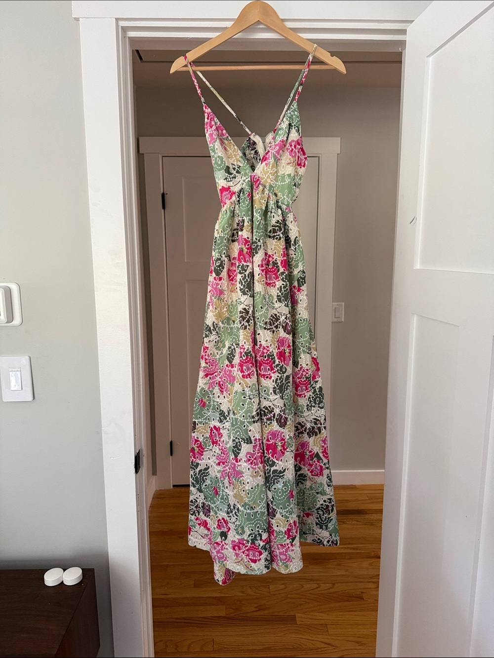 Line & Dot Floral Maxi Dress in Pink, Green & Cream